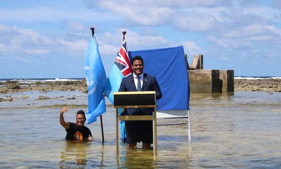 Tuvalu's foreign minister, Simon Kofe, says his country is looking at ways to retain statehood even if it disappears due to climate change and rising sea levels. Photograph:  Photo---Tuvalu Foreign Ministry/Reuters